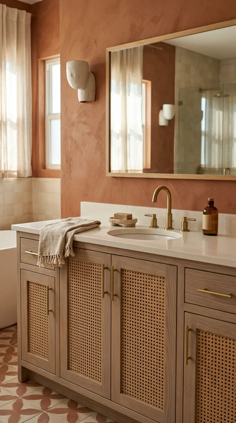 DIY bathroom vanity ideas Add Cane Webbing to Vanity Doors
