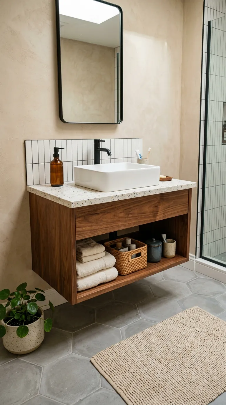 DIY bathroom vanity ideas Add Open Shelving Below the Sink