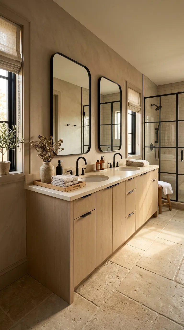 double sink bathroom vanity ideas Earthy Beige Vanity With Black Accents