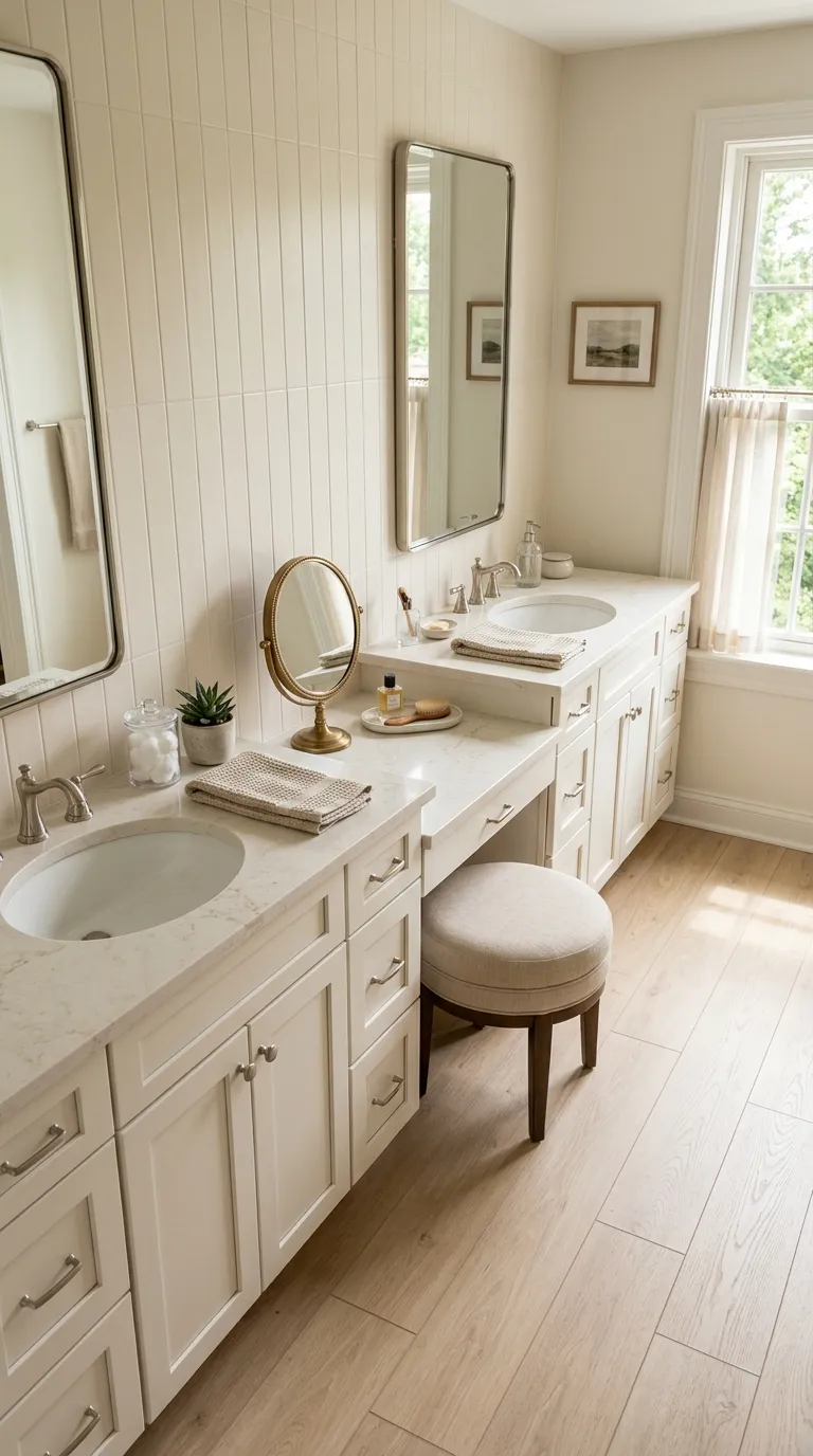 double sink bathroom vanity ideas Long Double Vanity With Centered Makeup Station