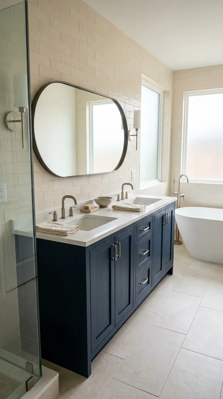 double sink bathroom vanity ideas Moody Navy Vanity With Soft Contrast
