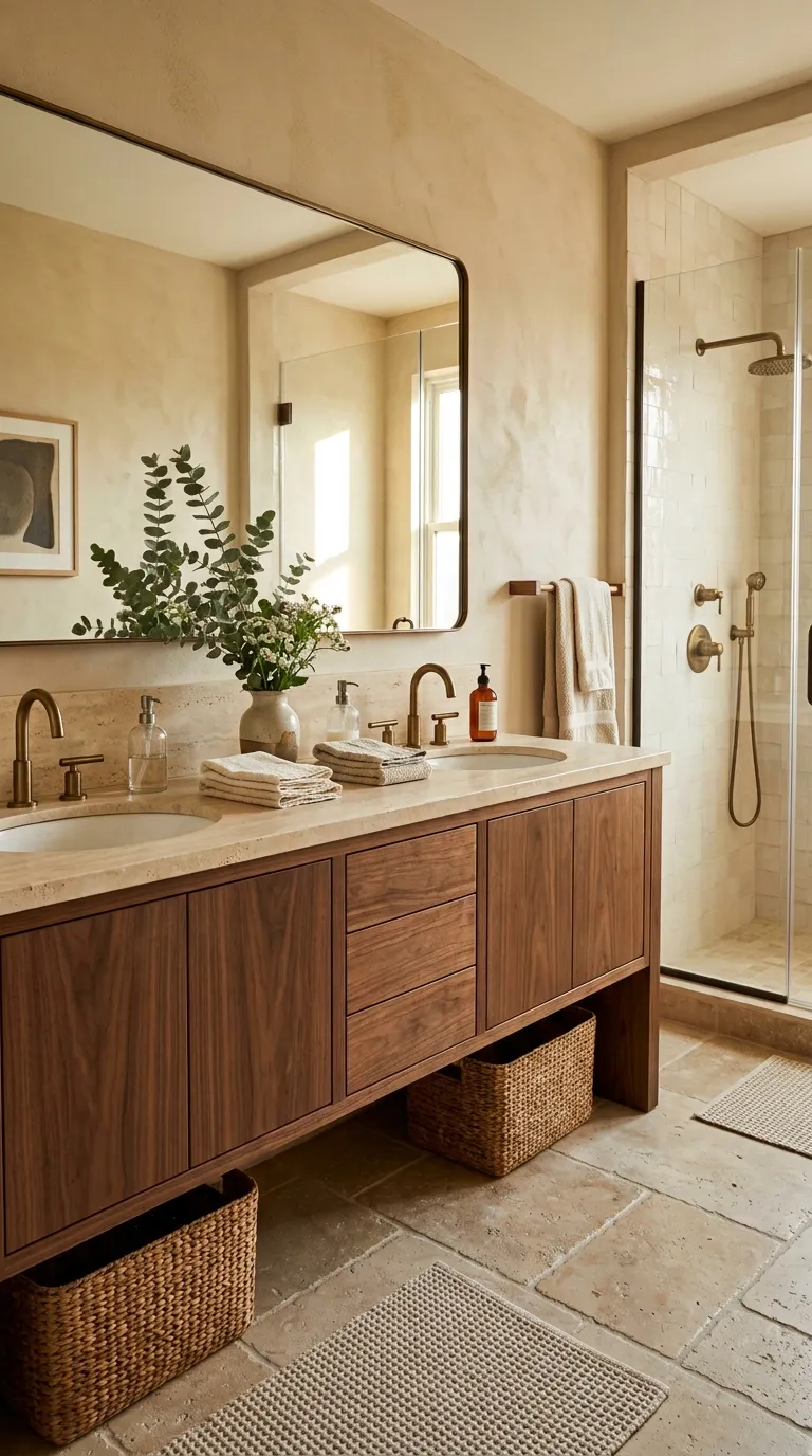 double sink bathroom vanity ideas Natural Wood Vanity With Stone Countertop