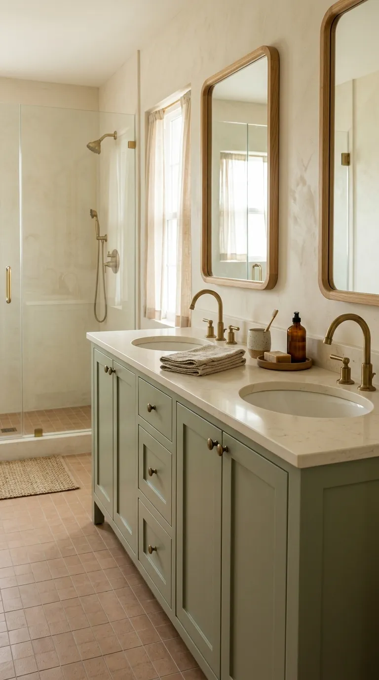 double sink bathroom vanity ideas Soft Sage Green Vanity With Warm Hardware
