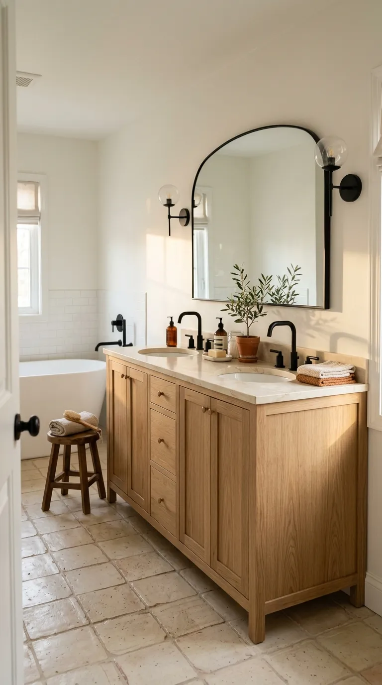 double sink bathroom vanity ideas Warm Oak Double Vanity for a Cozy Look