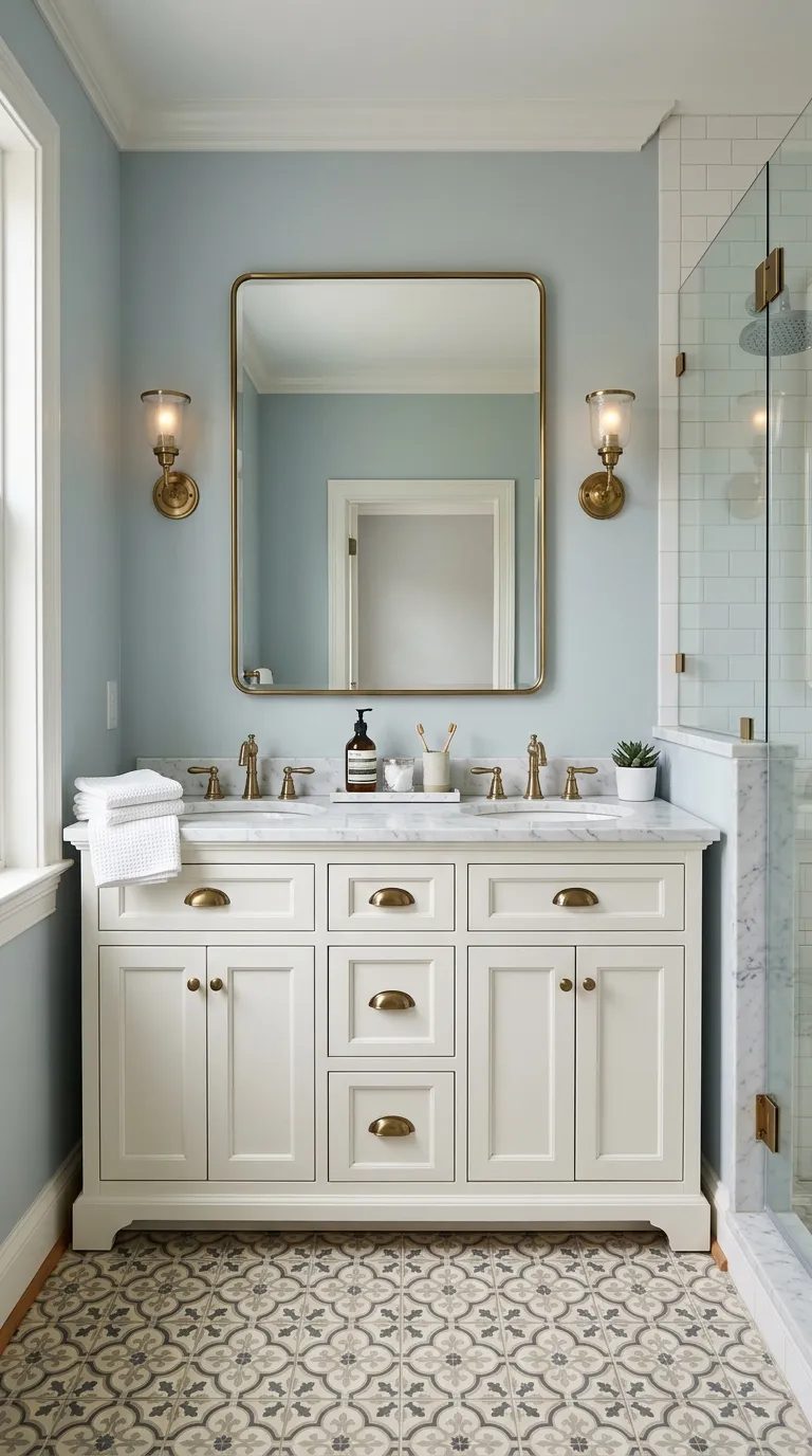 double sink bathroom vanity ideas White Shaker Vanity With Brass Details