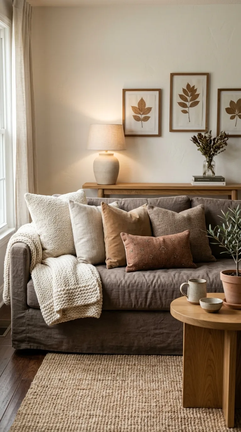 fall living room decor ideas Layered Neutral Pillows