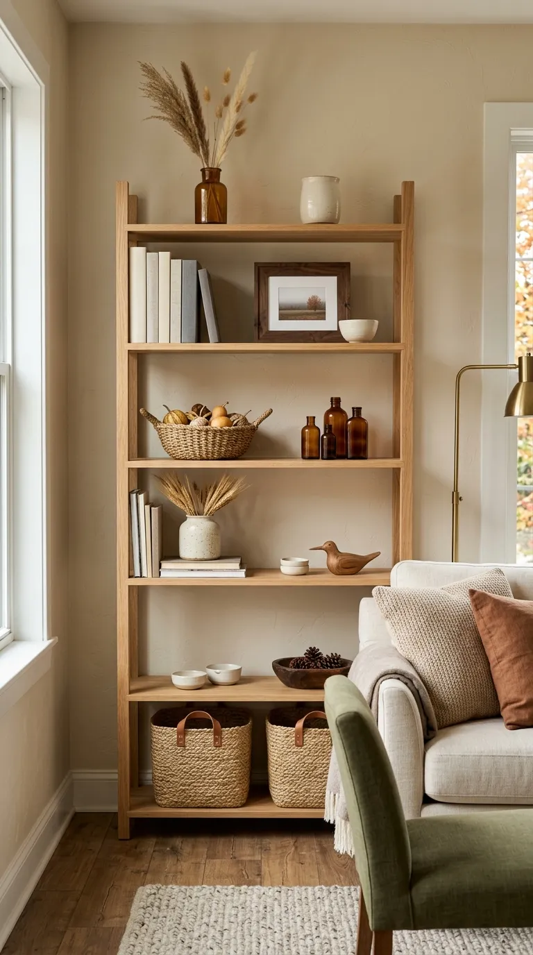 fall living room decor ideas Natural Wood Shelf Decor