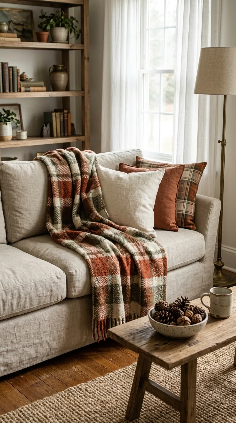 fall living room decor ideas Warm Plaid Throw