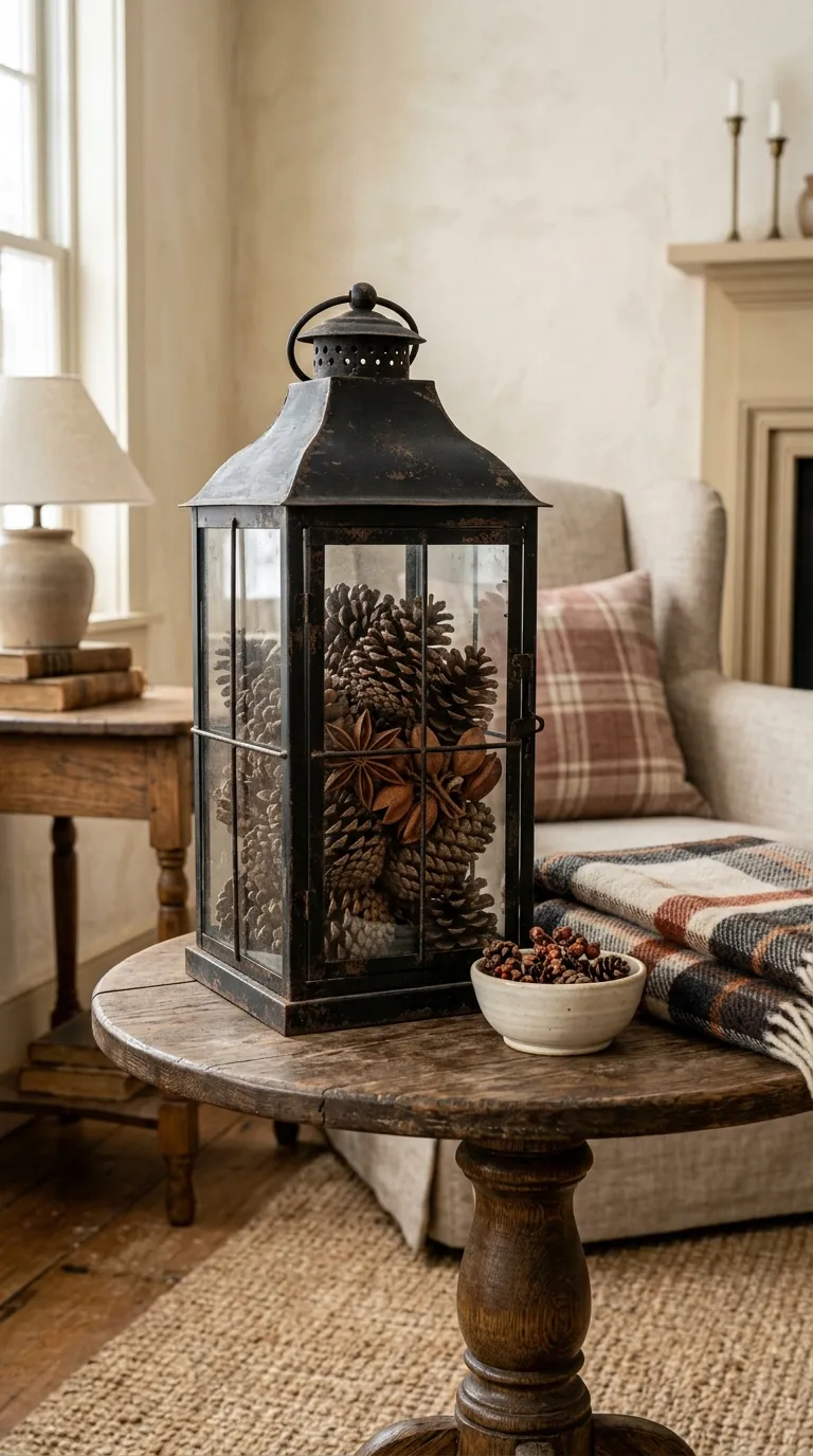 farmhouse lantern decorating ideas Fill a Lantern With Pinecones