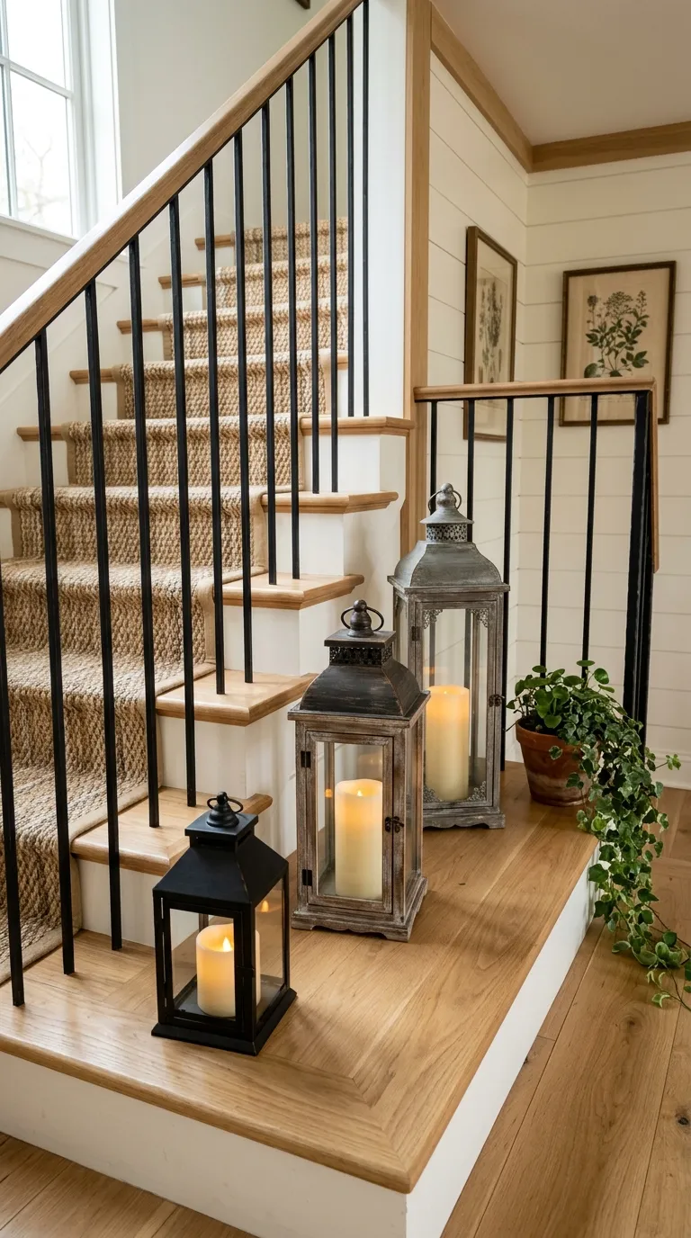 farmhouse lantern decorating ideas Layer Lanterns on a Stair Landing
