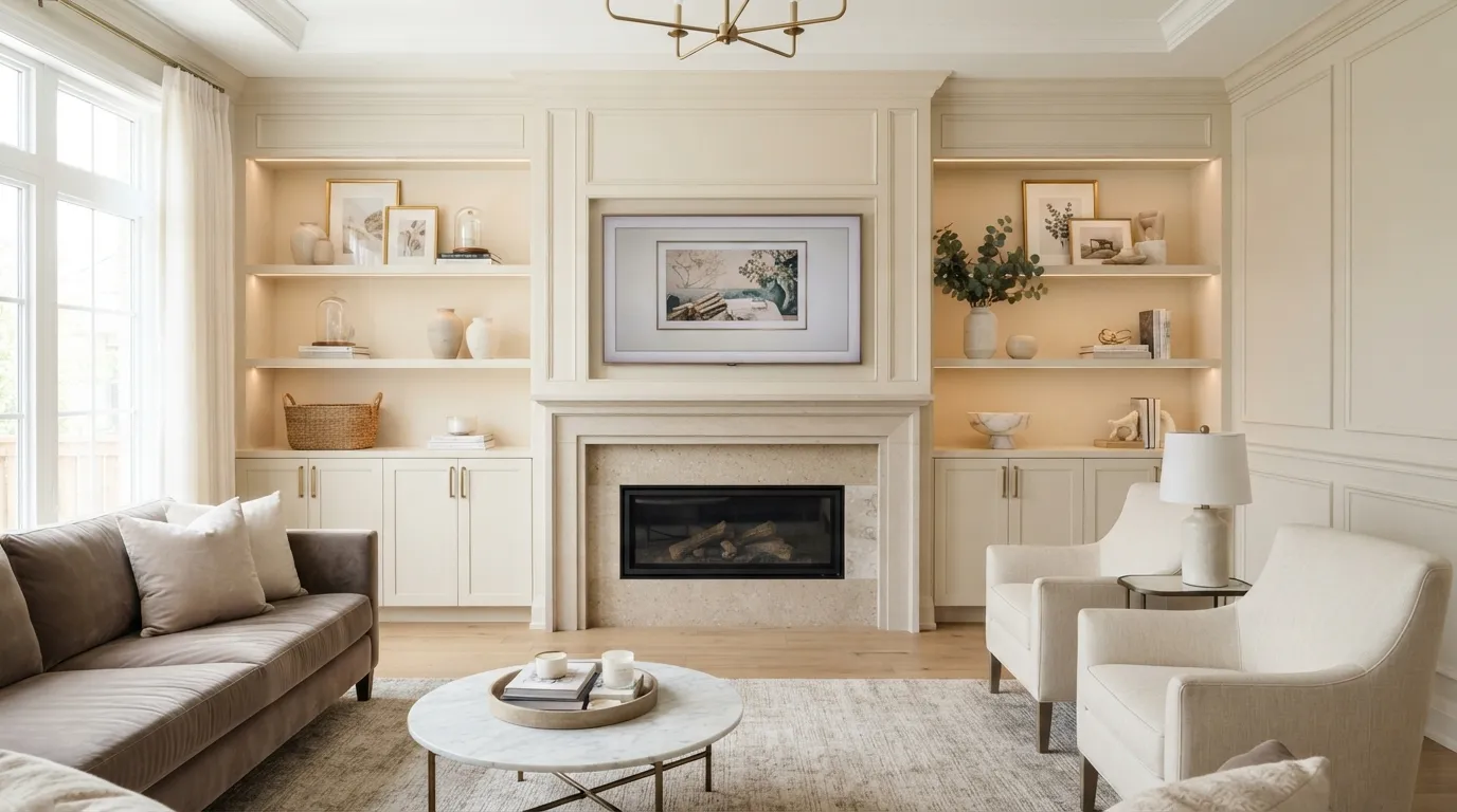 fireplace tv wall Symmetrical Cabinet Layout