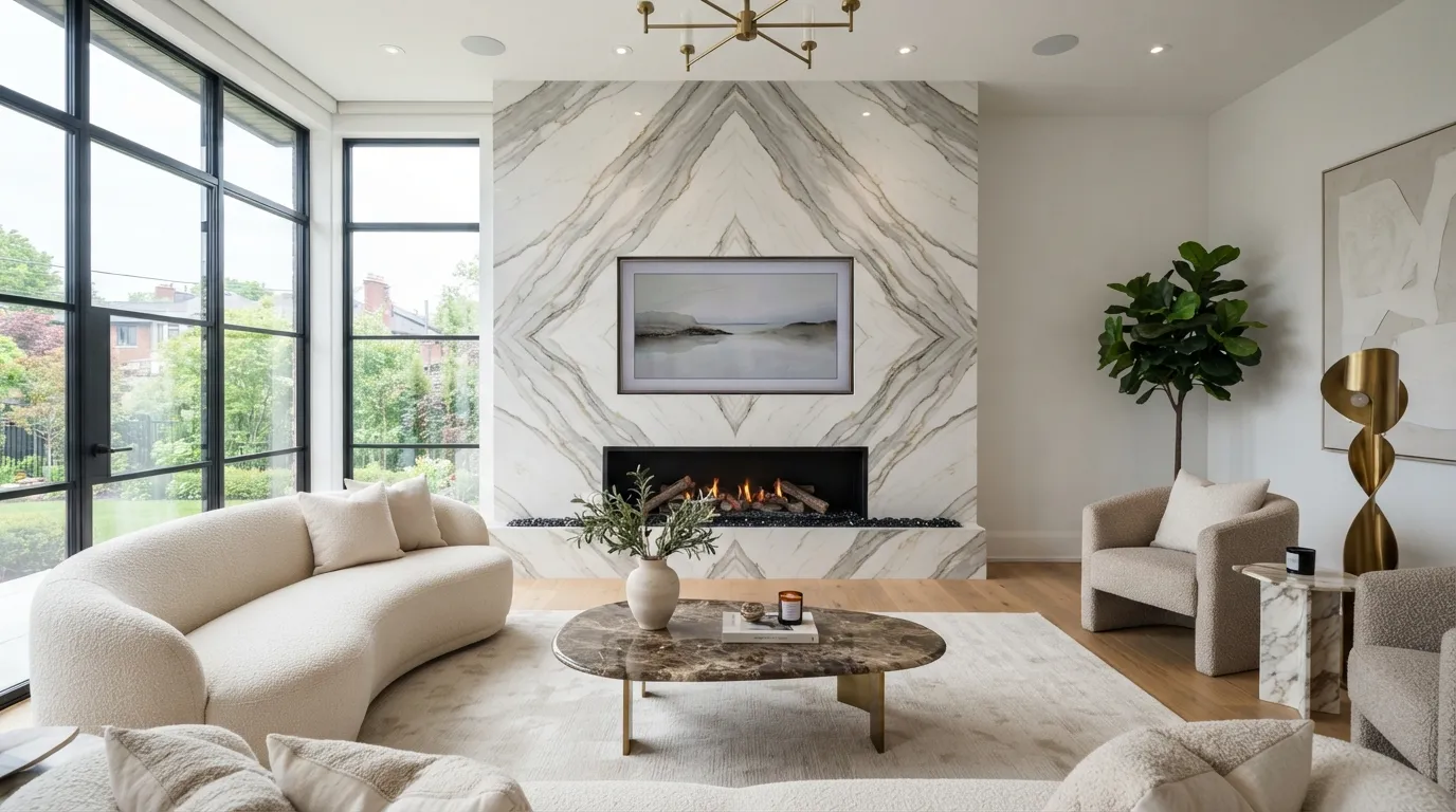 fireplace wall ideas with tv Bookmatched Porcelain Panels