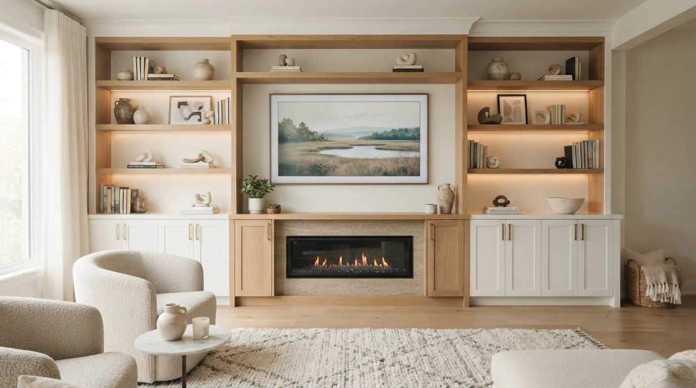 fireplace wall ideas with tv Built-In Shelving Display