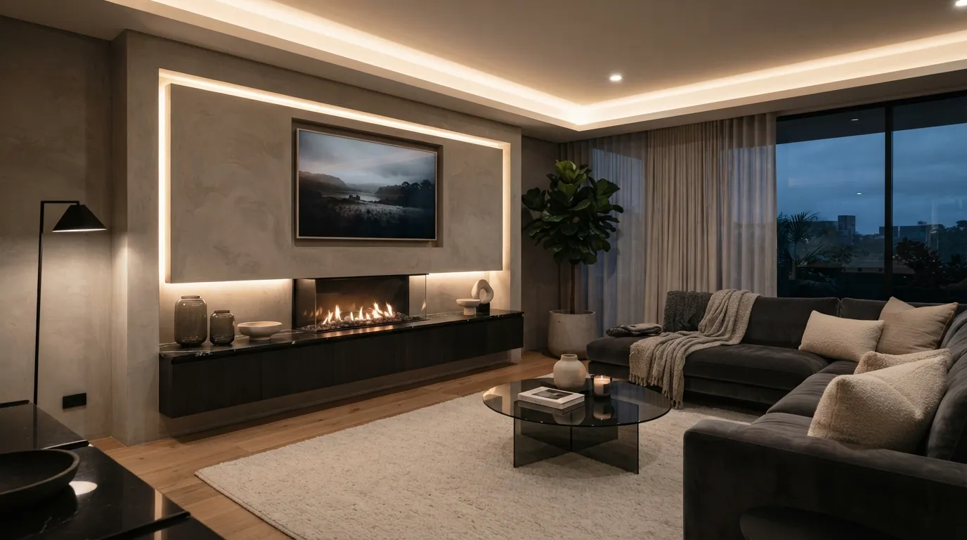 fireplace wall ideas with tv Hidden LED Cove Lighting