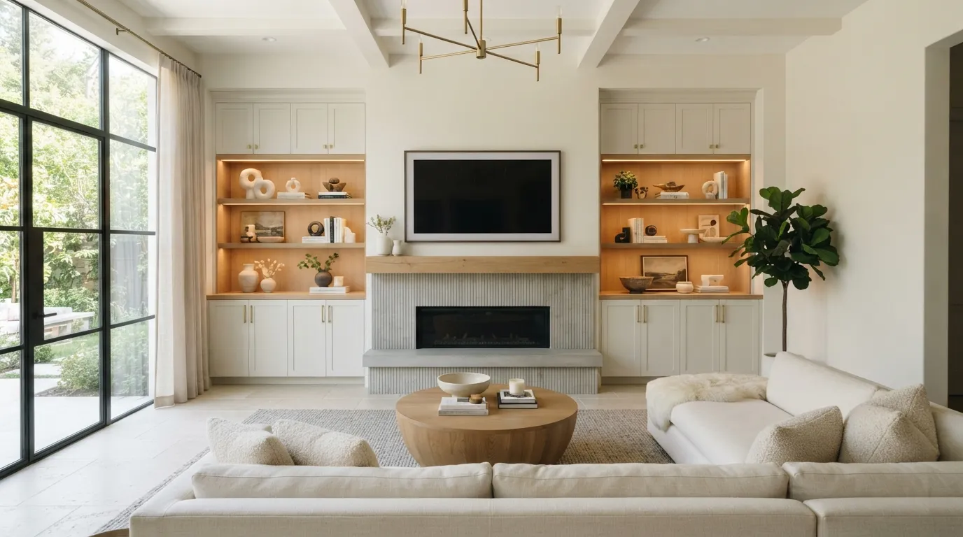 fireplace wall ideas with tv Symmetrical Cabinet Design