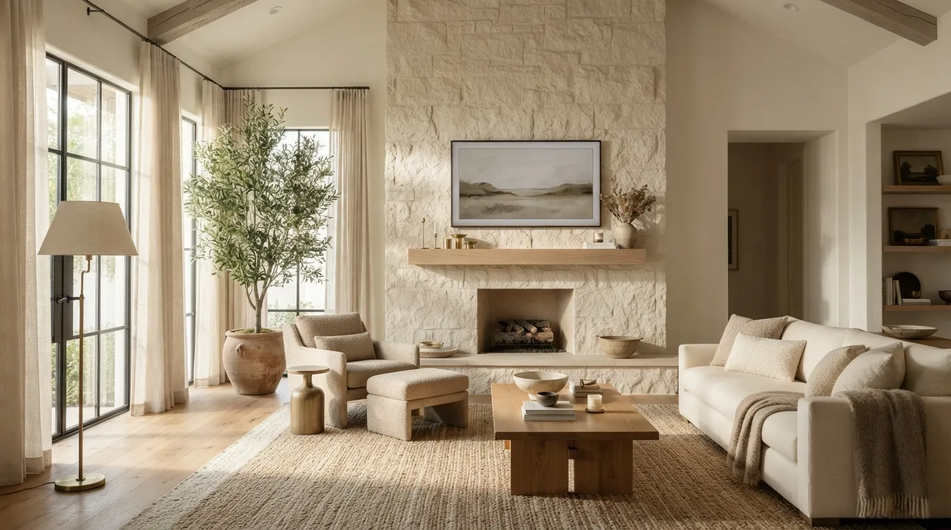 fireplace wall ideas with tv Textured Limestone Surround