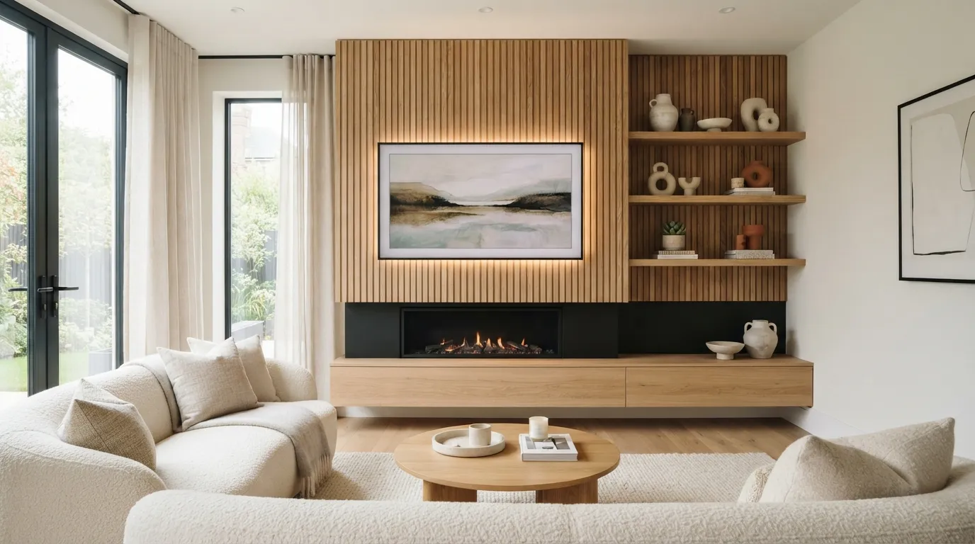 fireplace wall ideas with tv Warm Wood Slat Paneling