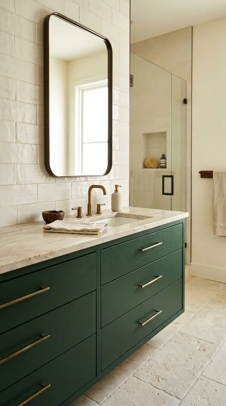 floating bathroom vanity ideas Dark Green Floating Vanity With Natural Stone