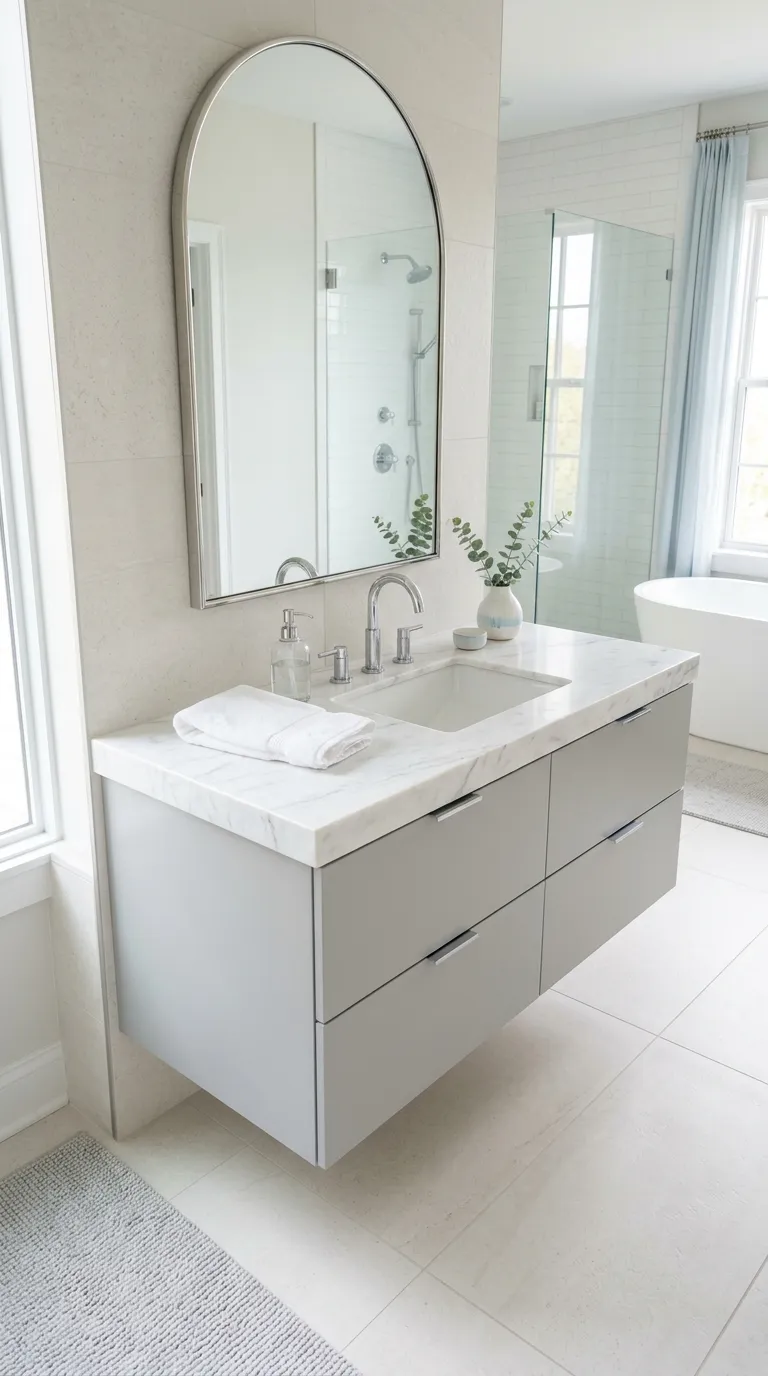 floating bathroom vanity ideas Floating Vanity With Flawless White Marble