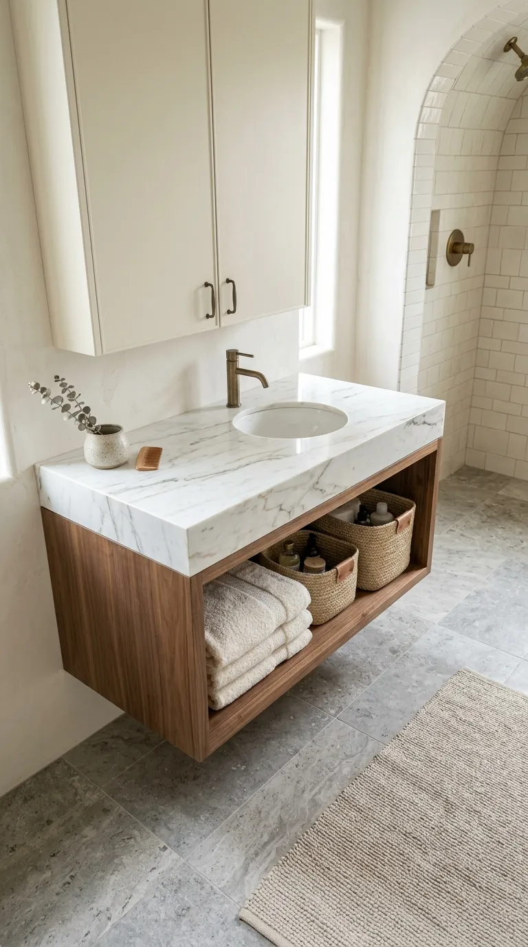 floating bathroom vanity ideas Floating Vanity With Open Wood Shelving