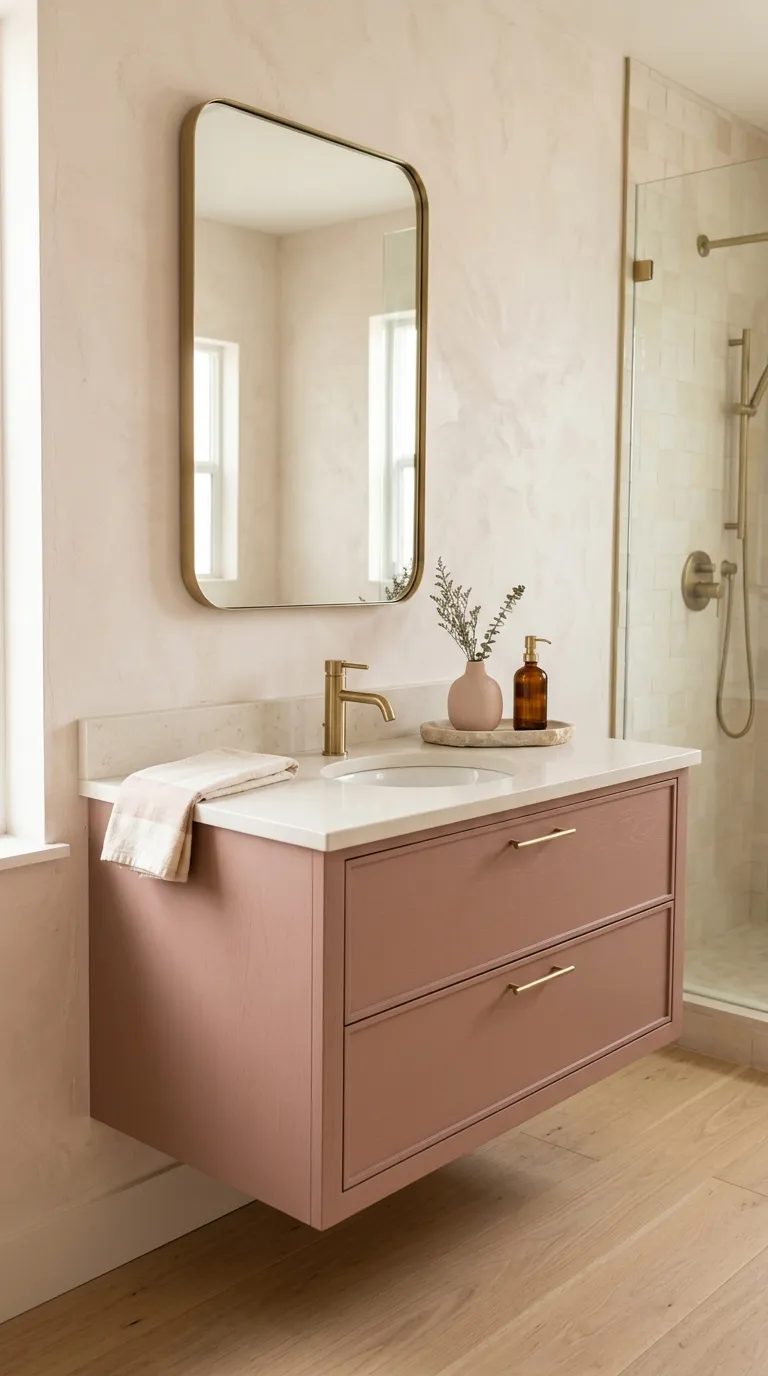 floating bathroom vanity ideas Floating Vanity With Soft Pink Accents