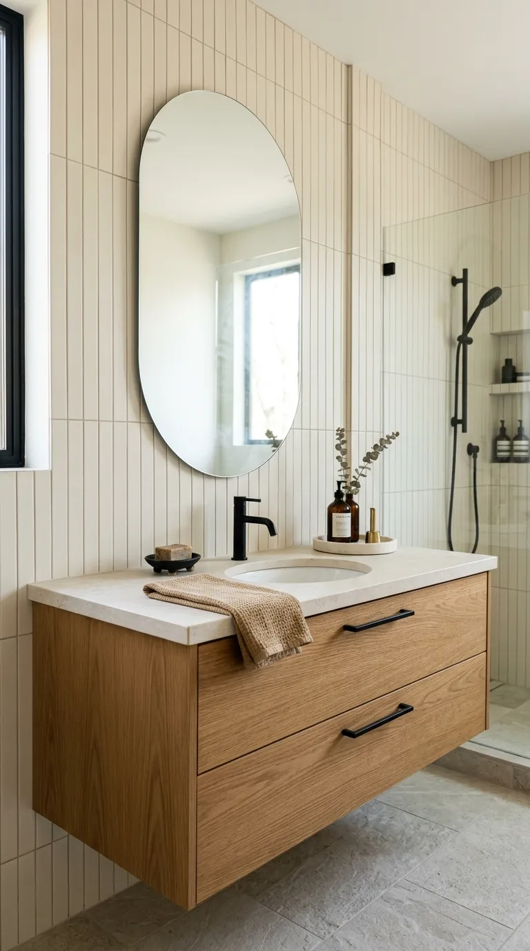 floating bathroom vanity ideas Floating Vanity With Vertical Wall Tile