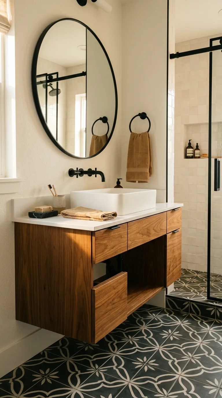 floating bathroom vanity ideas Floating Vanity With Warm Wood and Black Fixtures