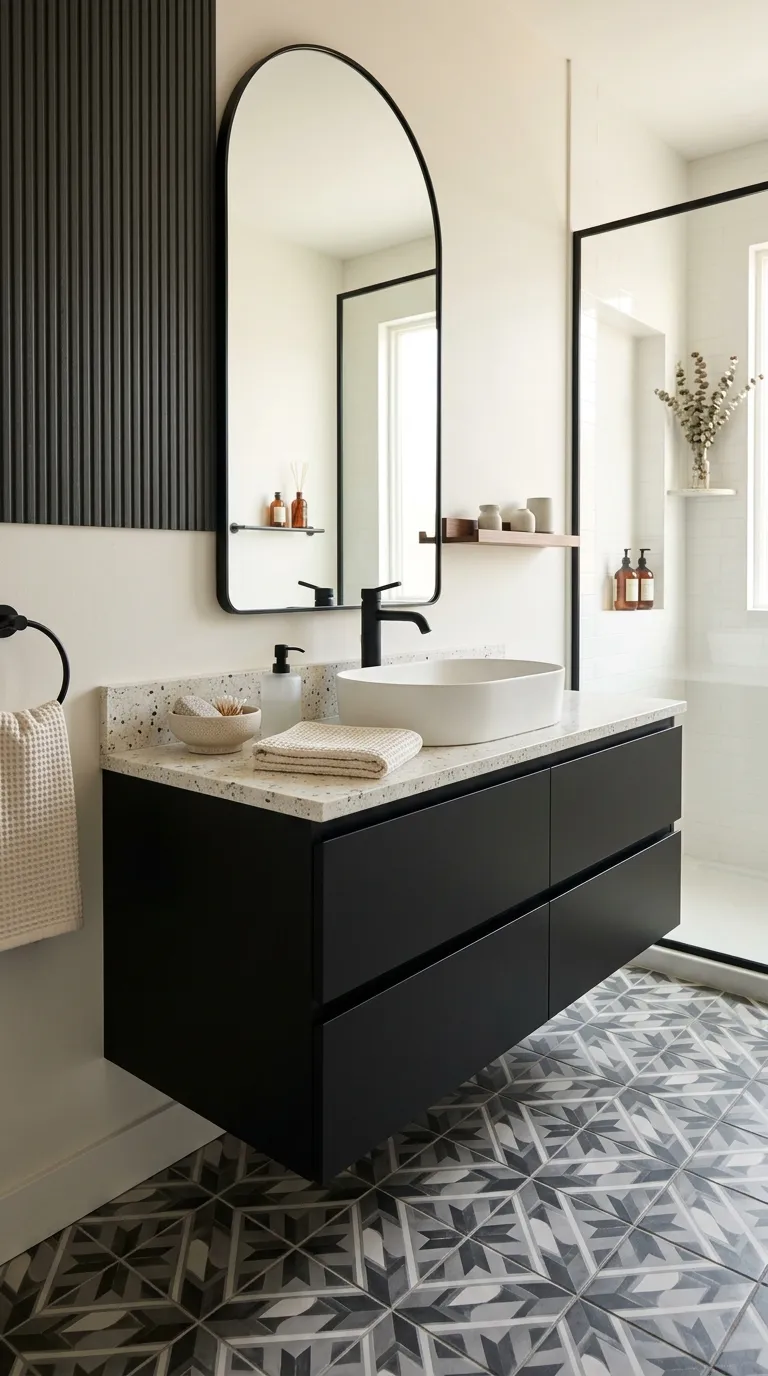 floating bathroom vanity ideas Matte Black Vanity for a Modern Contrast