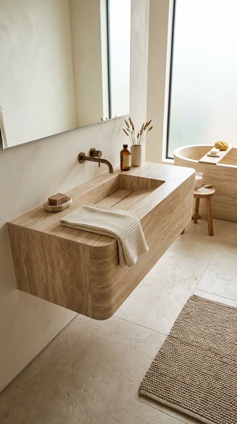 floating bathroom vanity ideas Stone Floating Vanity for a Spa-Inspired Bathroom