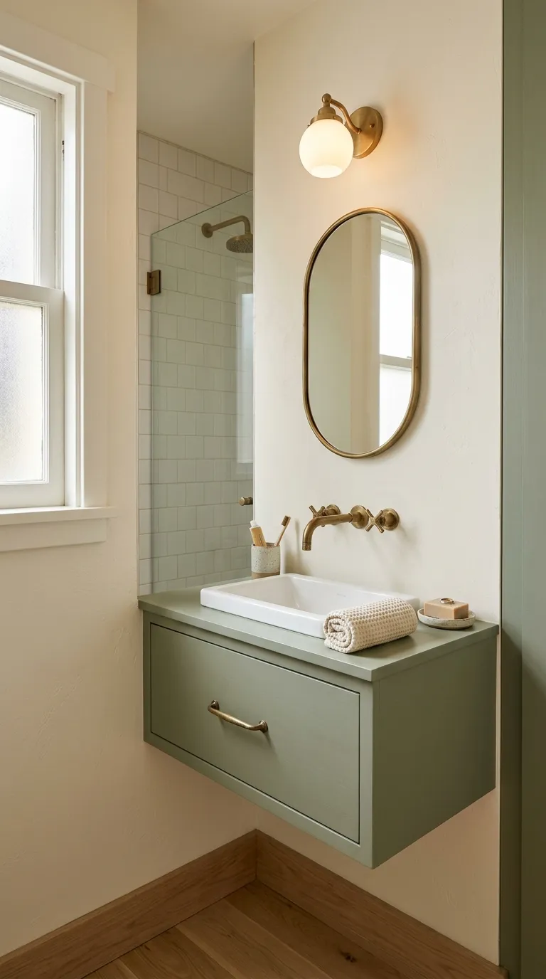 floating bathroom vanity ideas Warm Beige Vanity With Rounded Edges