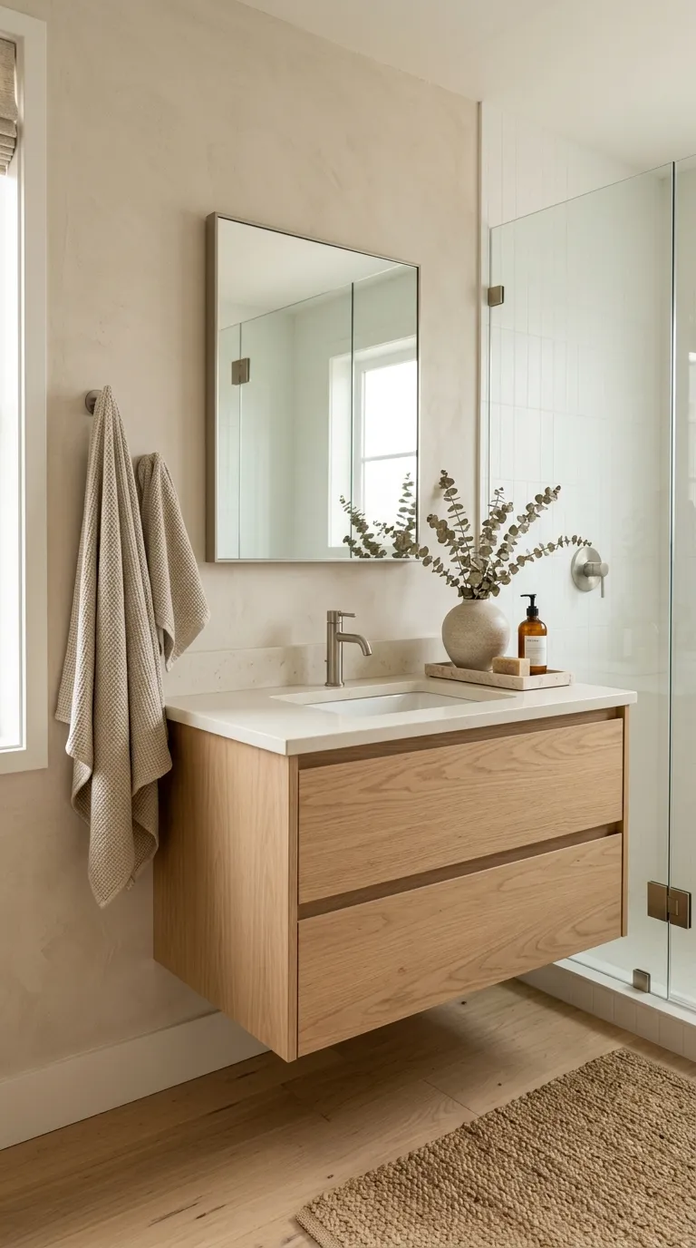 floating bathroom vanity ideas Warm Oak Floating Vanity With Soft Neutrals