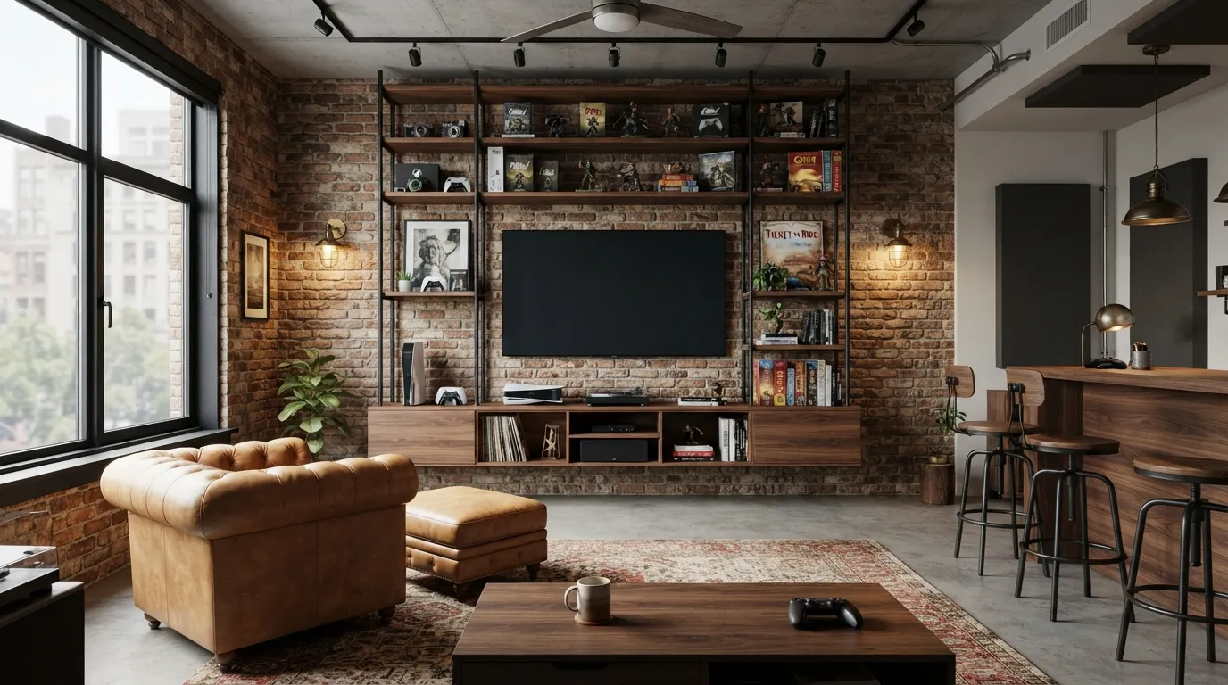 game room design Industrial Brick Accent