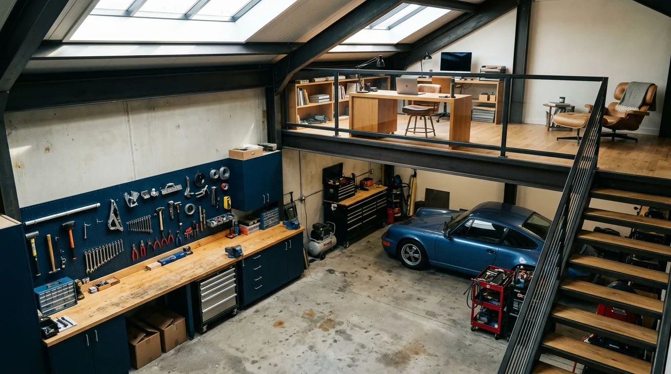 garage loft designs Split-Level Workshop Loft