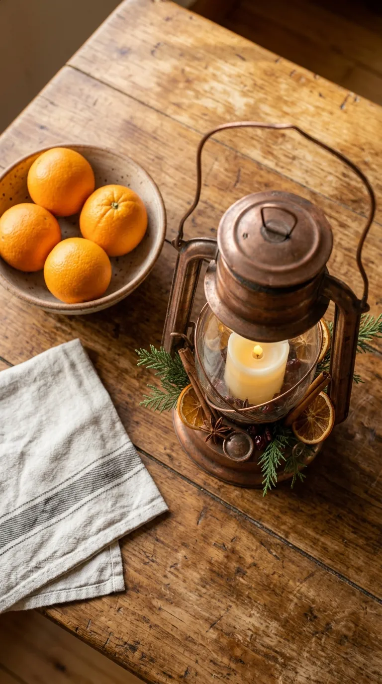 how to decorate a lantern for Christmas Add Cinnamon Sticks and Dried Orange