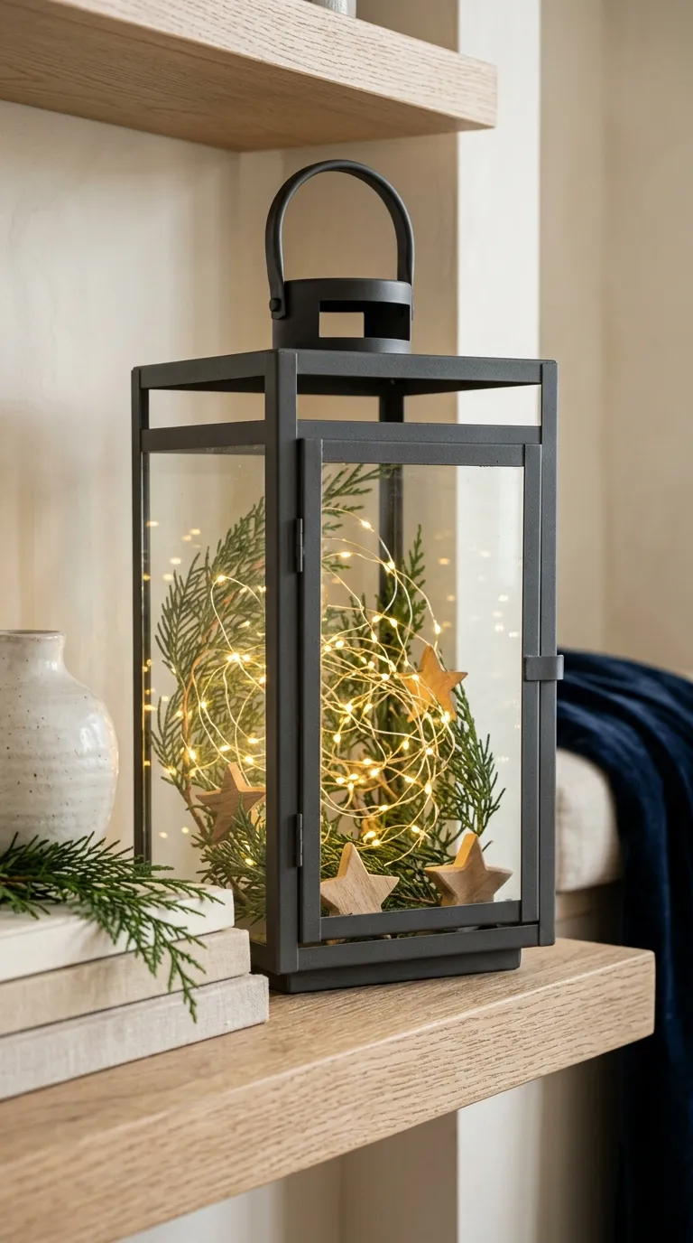 how to decorate a lantern for Christmas Add Warm Fairy Lights