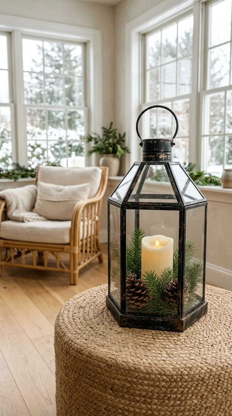 how to decorate a lantern for Christmas Create a Simple Candle and Greenery Arrangement