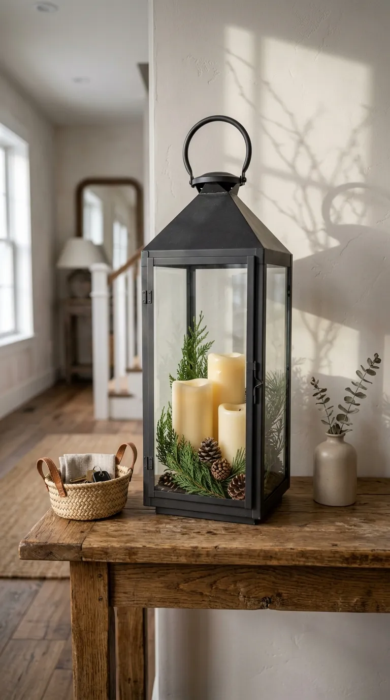 how to decorate a lantern for Christmas Fill a Lantern With Evergreen and Candles