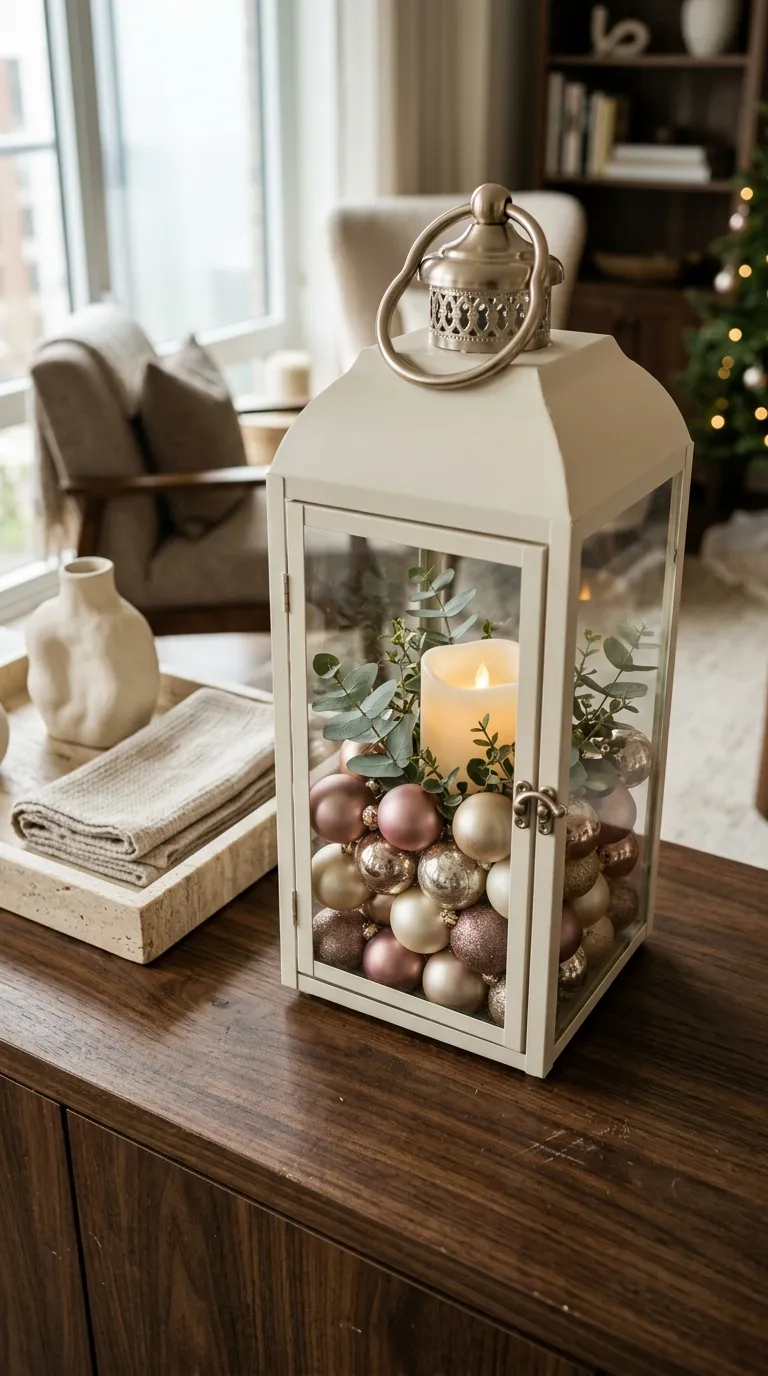 how to decorate a lantern for Christmas Fill the Base With Christmas Balls