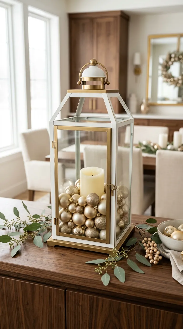 how to decorate a lantern for Christmas Style a Lantern With Gold Christmas Ornaments