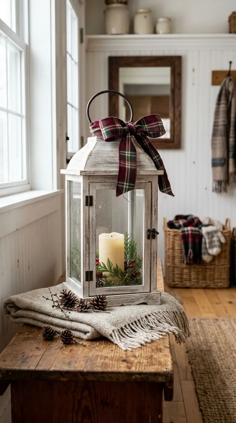 how to decorate a lantern for Christmas Tuck in a Cozy Plaid Ribbon