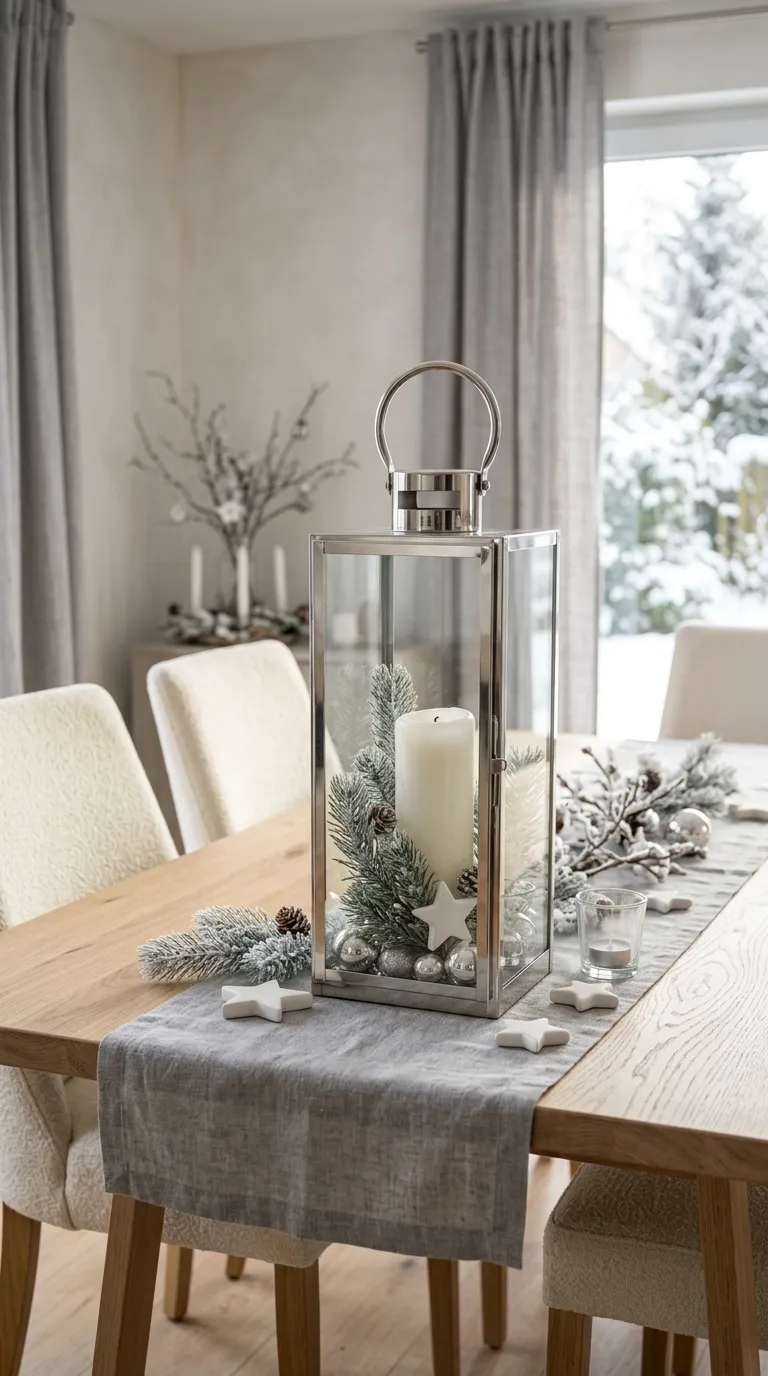 how to decorate a lantern for Christmas Use a Neutral White and Silver Palette