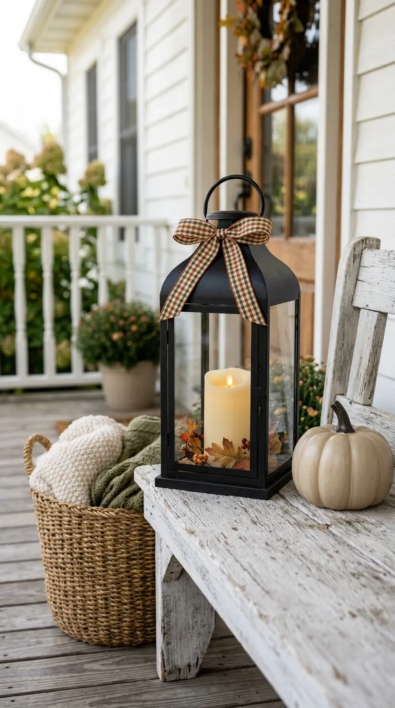 how to decorate a lantern for fall Add a Plaid Ribbon Accent