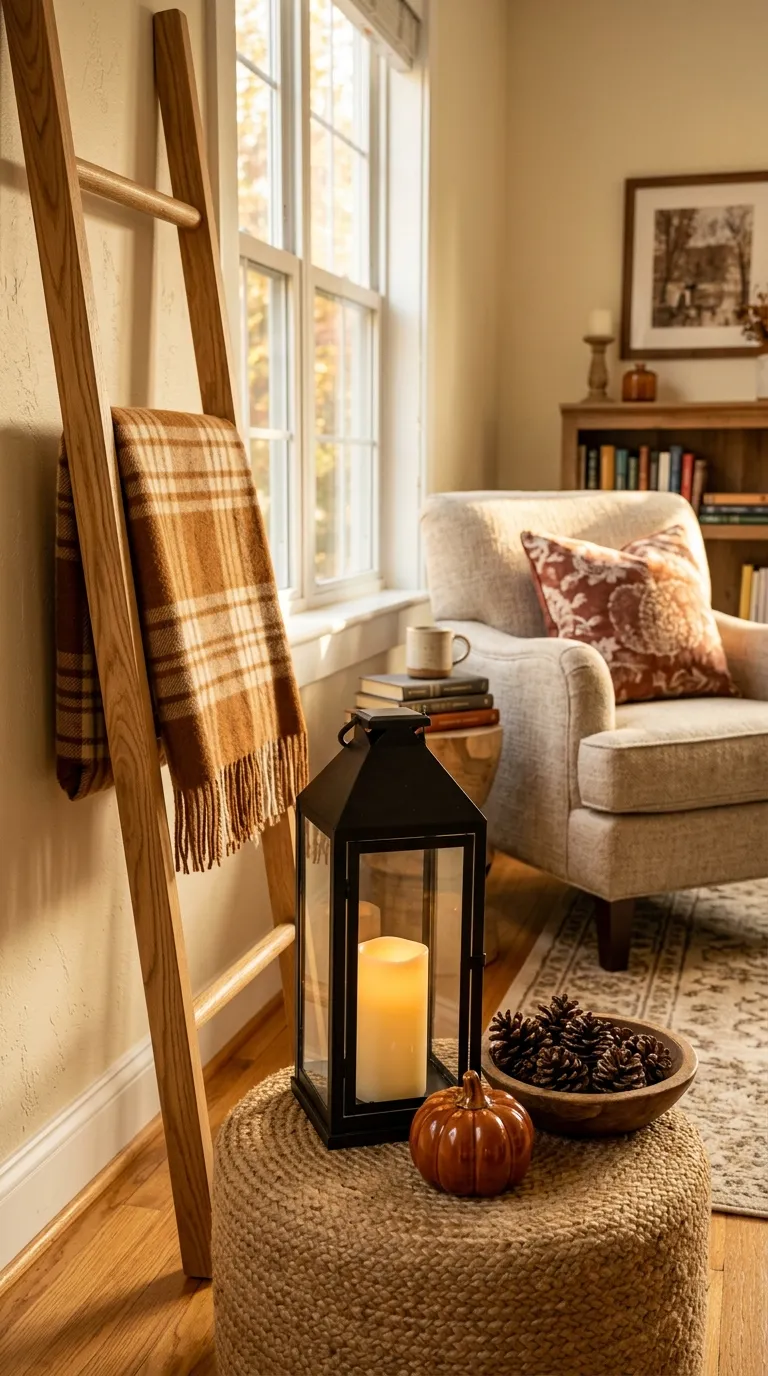 how to decorate a lantern for fall Add a Warm Plaid Throw Nearby