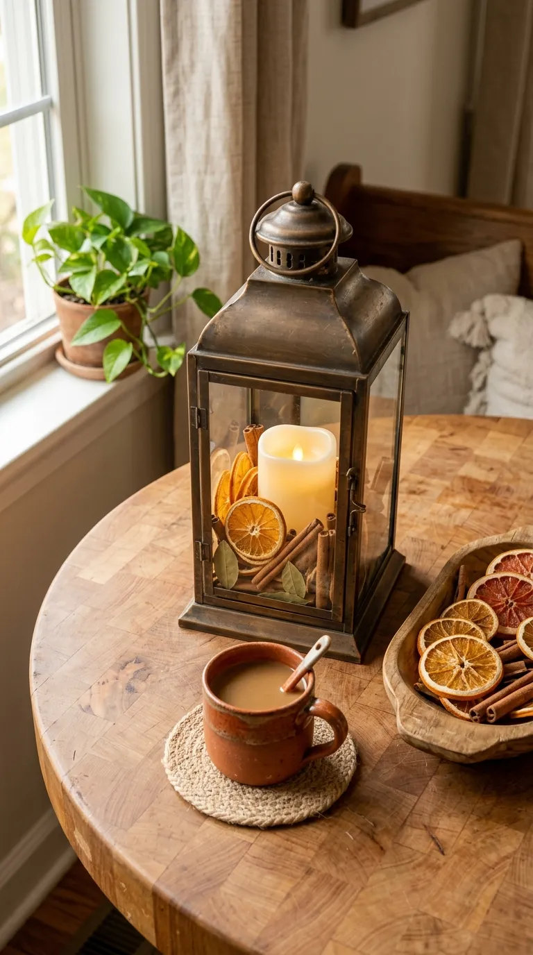 how to decorate a lantern for fall Add Cinnamon Sticks and Dried Citrus