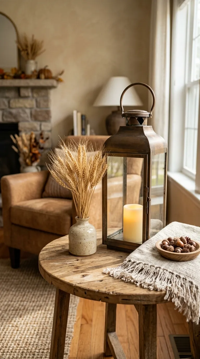 how to decorate a lantern for fall Add Dried Wheat for a Rustic Look
