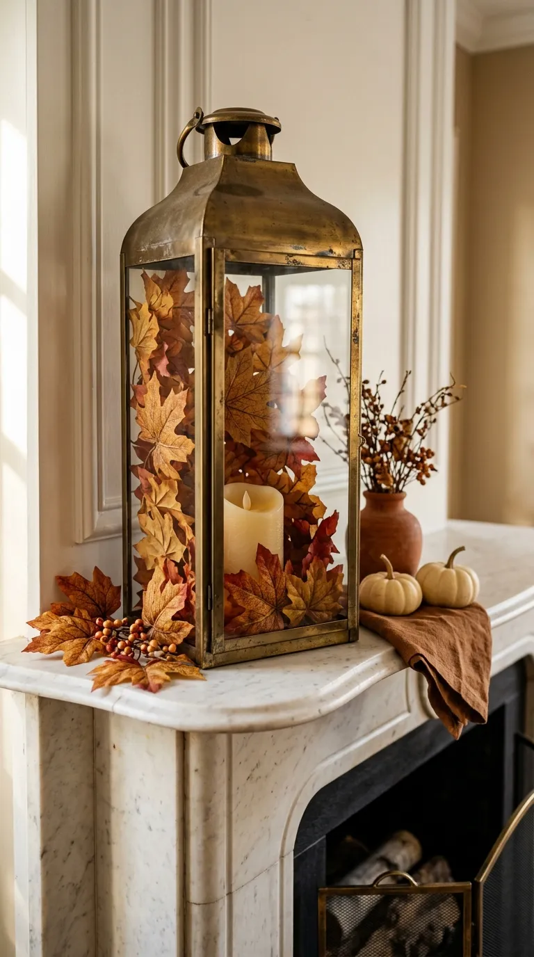 how to decorate a lantern for fall Add Faux Maple Leaves Inside