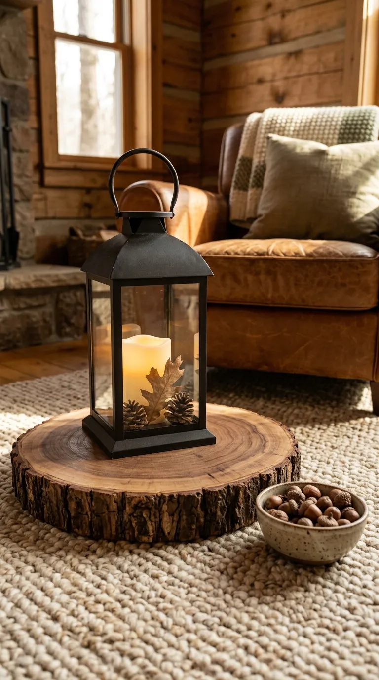 how to decorate a lantern for fall Try a Rustic Wood Slice Base