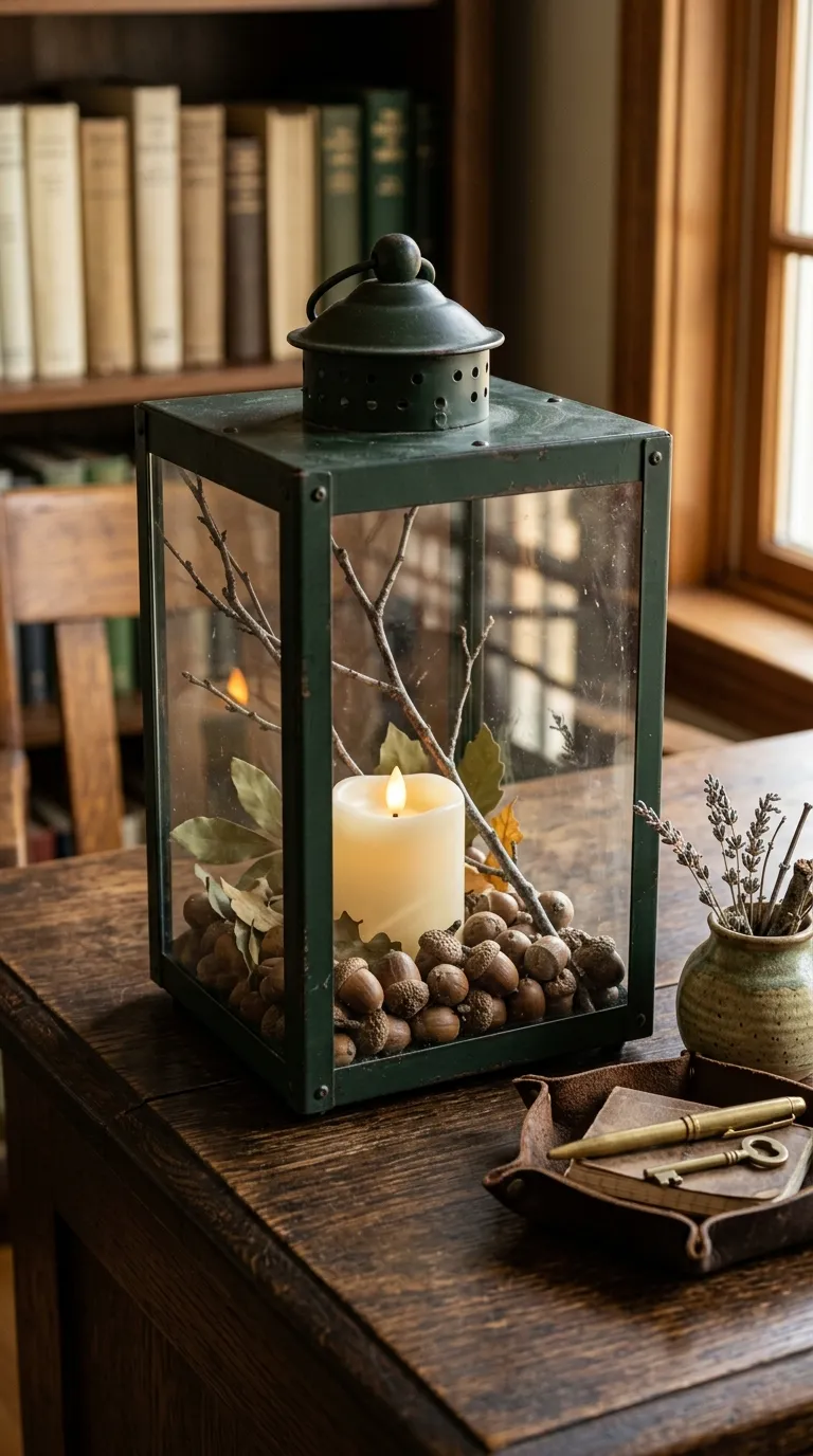 how to decorate a lantern for fall Use Acorns and Small Branches