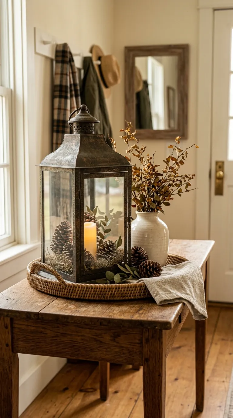 how to decorate a lantern for fall Use Pinecones for Natural Texture
