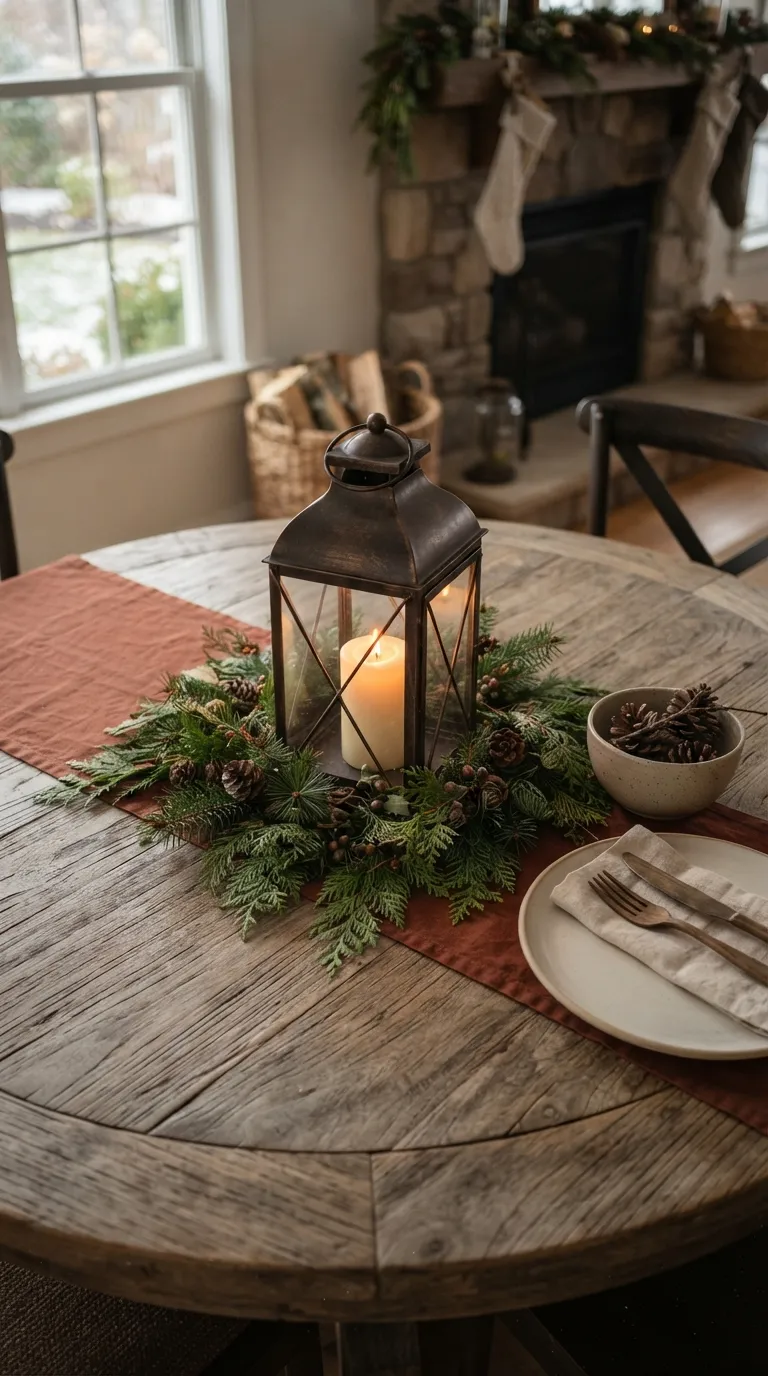 how to decorate a lantern with greenery Add Greenery and Pinecones for a Seasonal Display